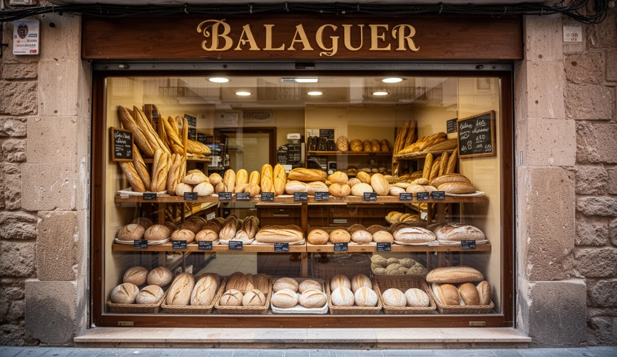 Vista exterior de una panadería en Balaguer con panes frescos expuestos