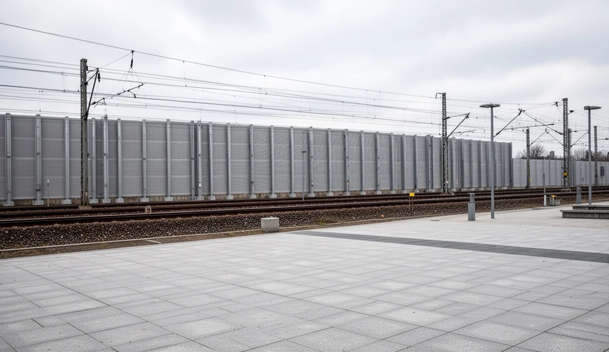 Construction site showing planned acoustic barriers near railway tracks