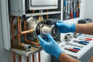 Técnico reparando una caldera de gas e instalando una pieza reacondicionada.