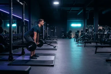 Persona entrenando sola en un gimnasio moderno y vacío de madrugada.
