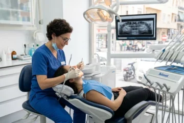 Una dentista examinando a una paciente recostada en el sillón clínico.