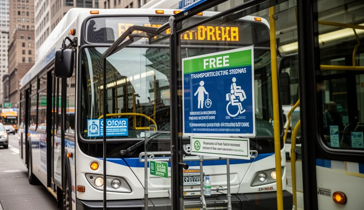 Autobús urbano señalizando transporte gratuito para mayores y discapacitados