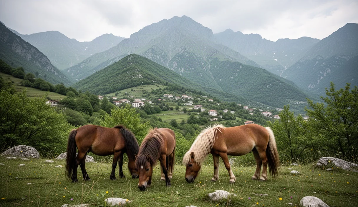 Vista del paisaje montañoso en Aristot con ponis pastando entre vegetación