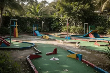 Campo vacío de minigolf con obstáculos coloridos rodeado de vegetación