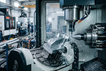 Pieza metálica siendo mecanizada con precisión en un centro CNC de cinco ejes.