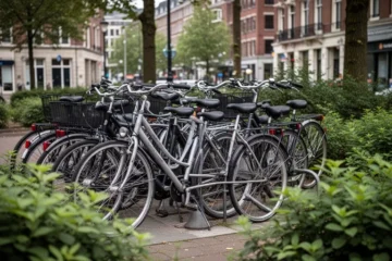 Bicicletas aparcadas en un entorno urbano con vegetación