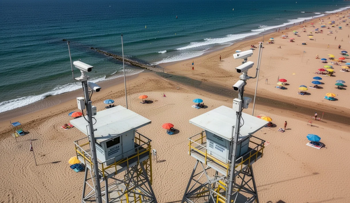 Vista aérea de playas catalanas con cámaras instaladas para vigilancia