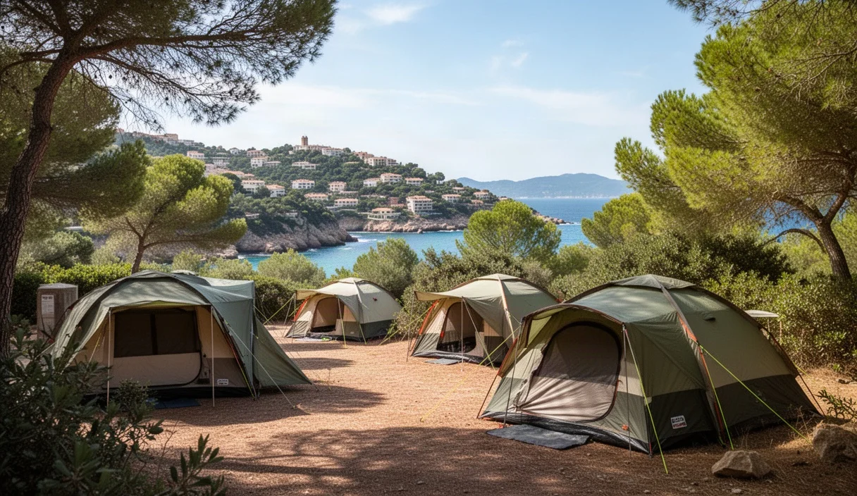 Camping facilities along Costa Brava showcasing empty tents surrounded by nature
