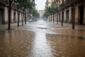 Flooded street in Catalonia after heavy rainfall
