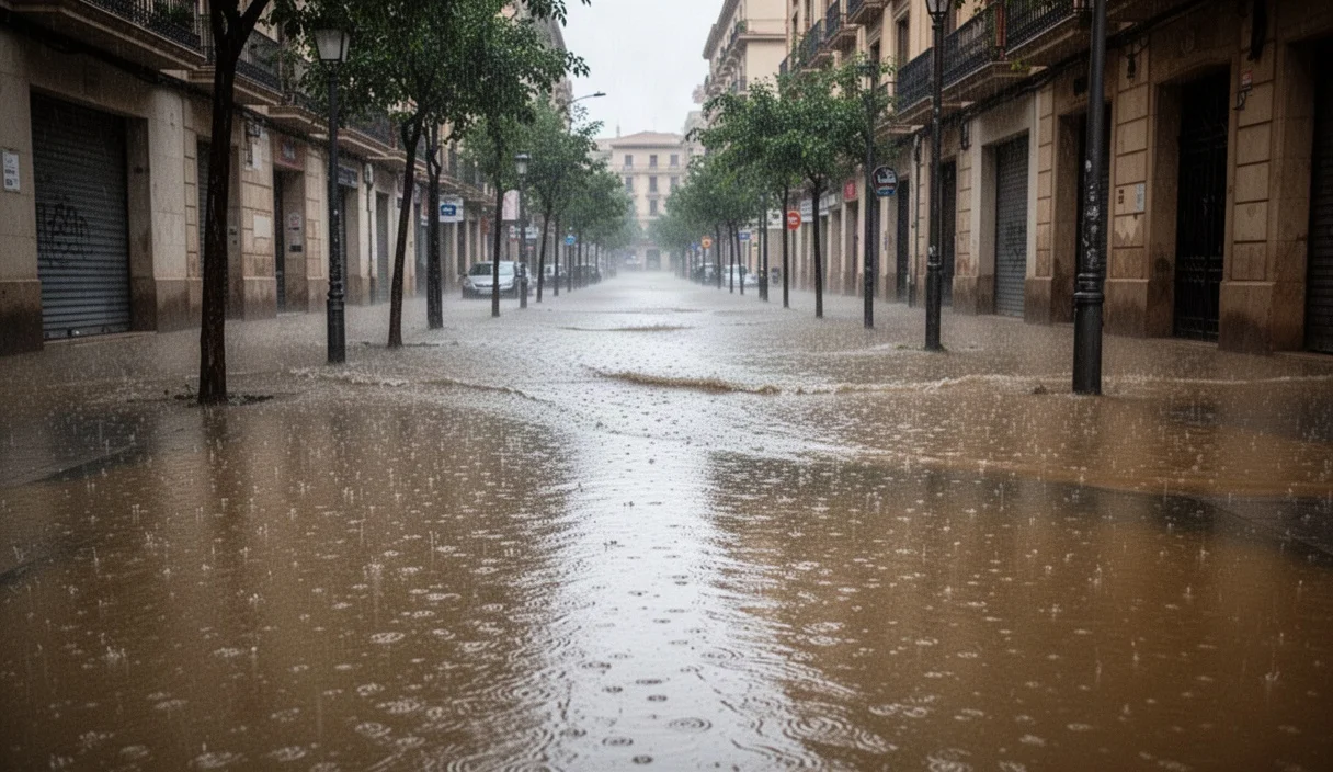 Flooded street in Catalonia after heavy rainfall
