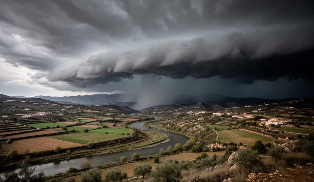 Storm clouds over a river valley in Catalonia signaling severe weather