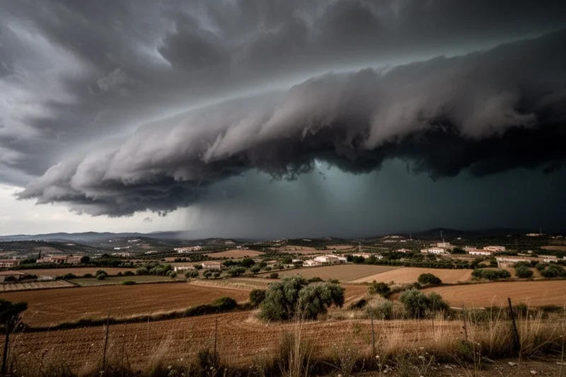 Nubes oscuras sobre un paisaje rural en Catalunya antes de una tormenta