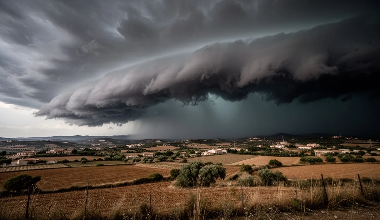 Dark storm clouds over a dry landscape in Catalonia signaling impending rain