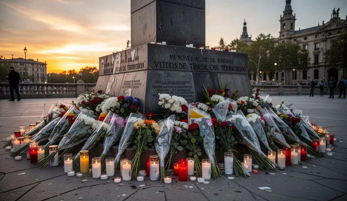 Memorial flowers laid out in Sant Jaume Square honoring victims of terrorism