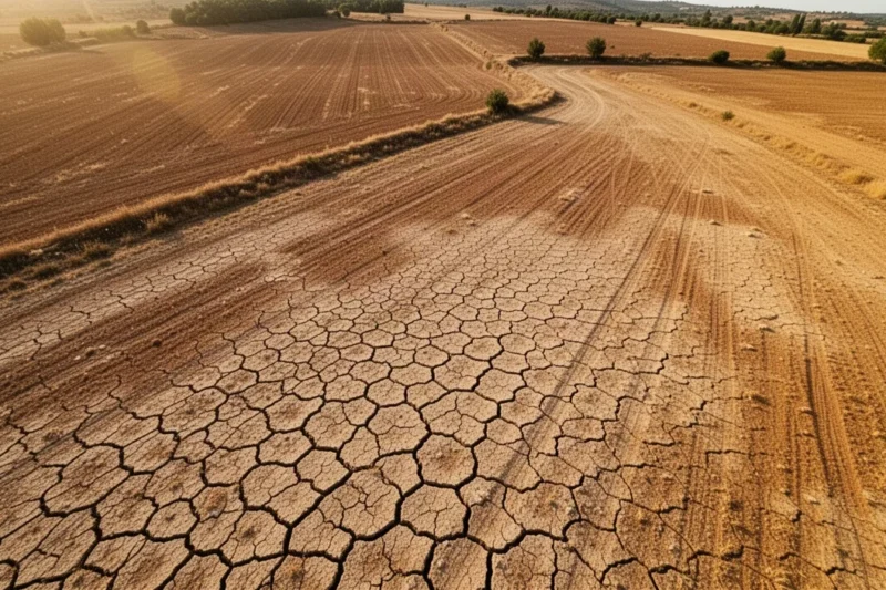 Vista aérea de campos secos por la sequía extrema en Catalunya