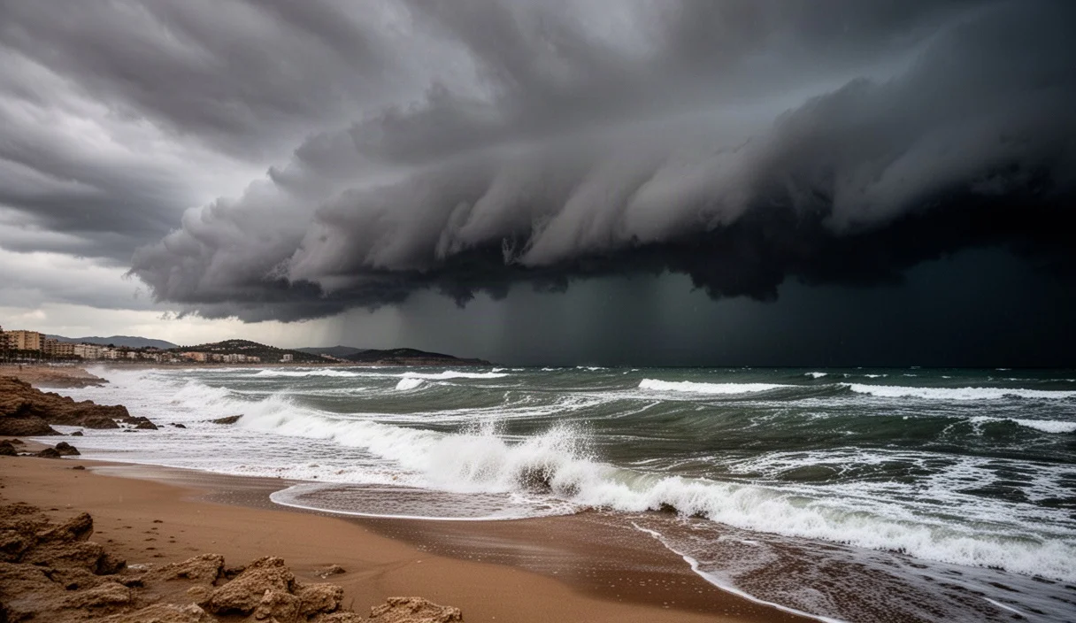 Storm clouds gathering over a beach in Catalonia with rough seas