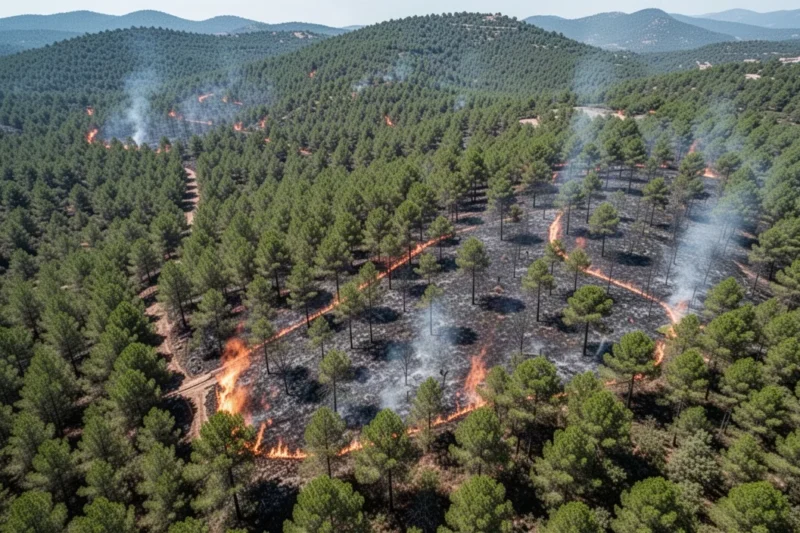 Vista aérea de bosques verdes en Cataluña con medidas visibles contra incendios