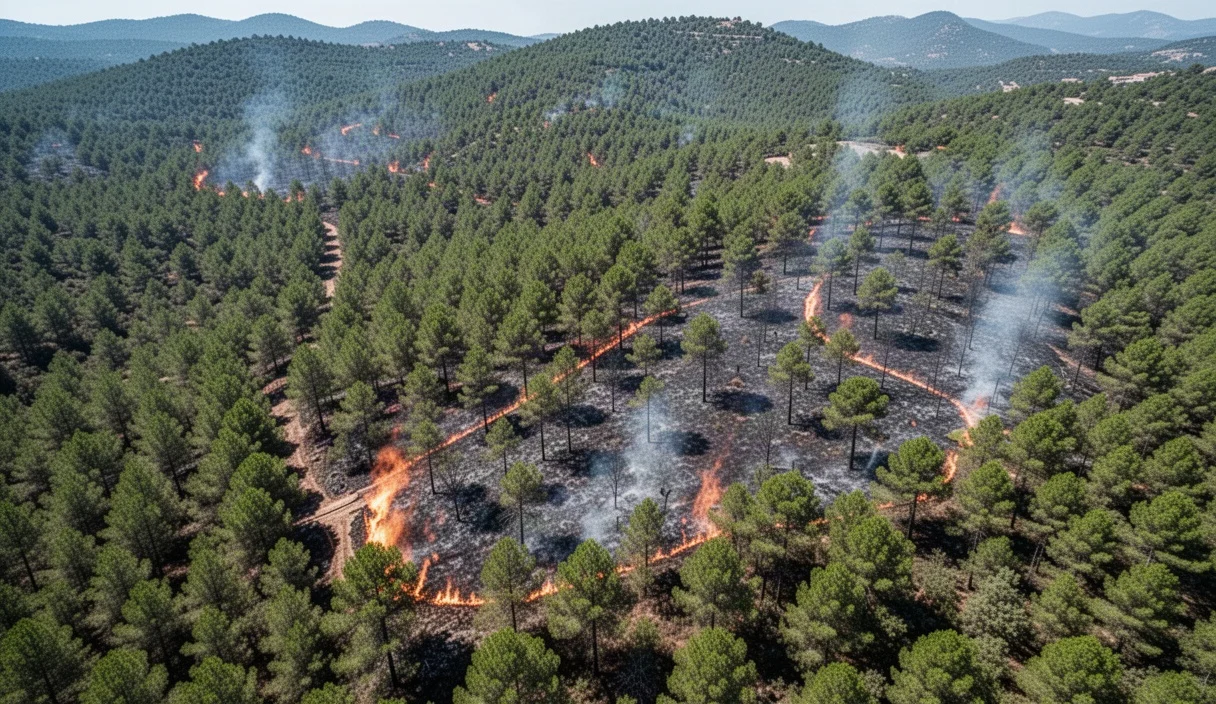 Vista aérea de bosques verdes en Cataluña con medidas visibles contra incendios