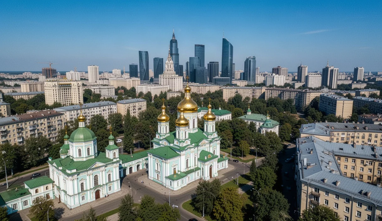 Vista aérea de Kiev mostrando arquitectura histórica y moderna bajo cielo despejado.