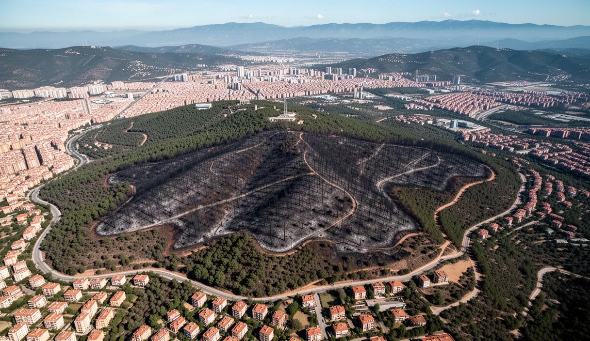 Vista aérea del Parque Natural Collserola mostrando áreas quemadas tras los incendios