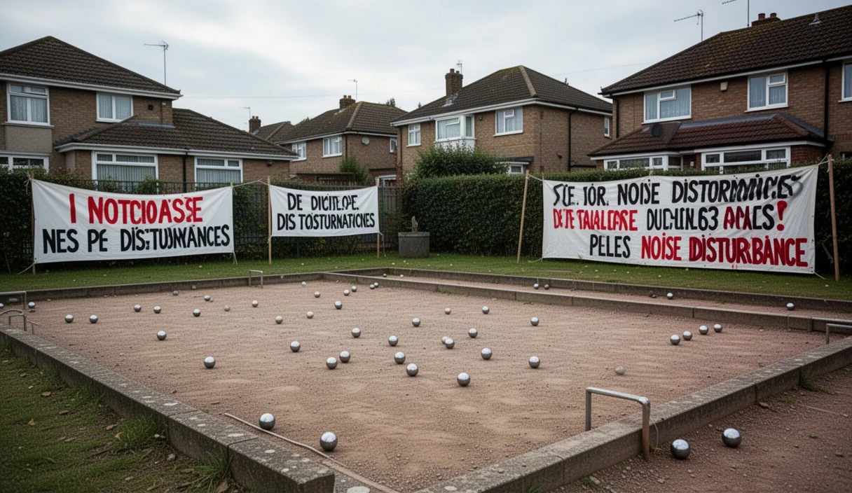 Protest banners displayed on balconies near petanque courts