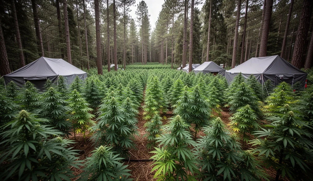 Secluded forest area showing remnants of an illegal cannabis grow operation