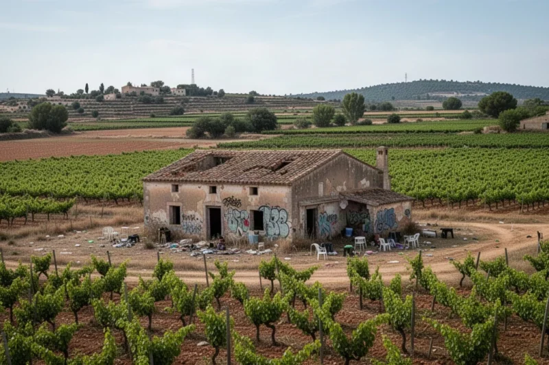 Rural landscape near El Pla de Santa Maria showing remnants of an illegal rave setup