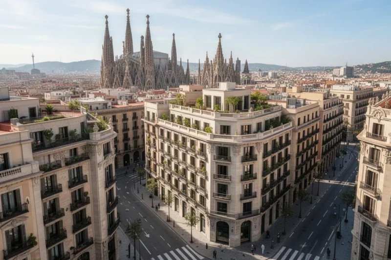 Vista aérea de apartamentos lujosos vacíos en Barcelona