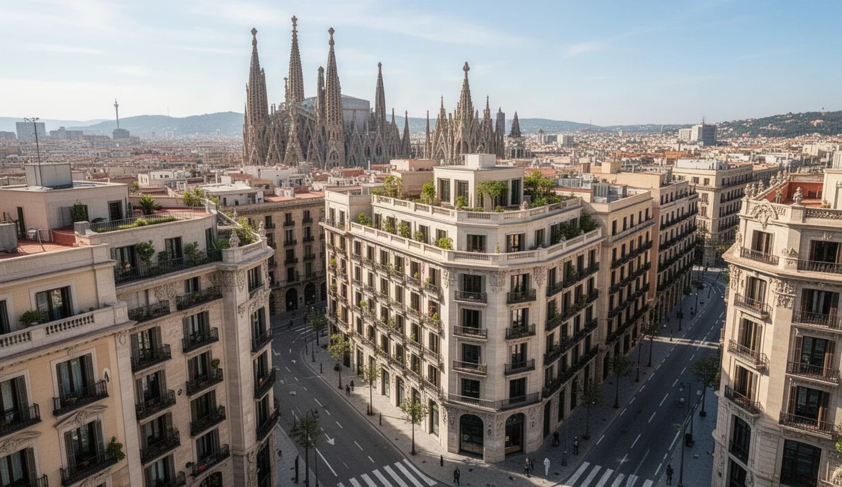 Empty luxury apartment buildings near Sagrada Família with 'For Rent' signs