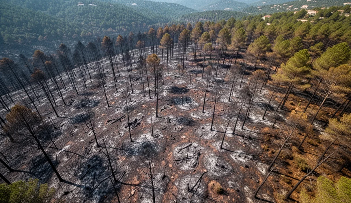 Vista aérea del área quemada en Collserola tras el incendio
