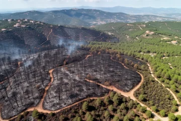 Vista aérea del parque natural Collserola mostrando áreas quemadas tras un incendio