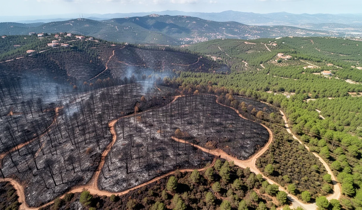 Burnt landscape in Collserola Natural Park after firefighting efforts