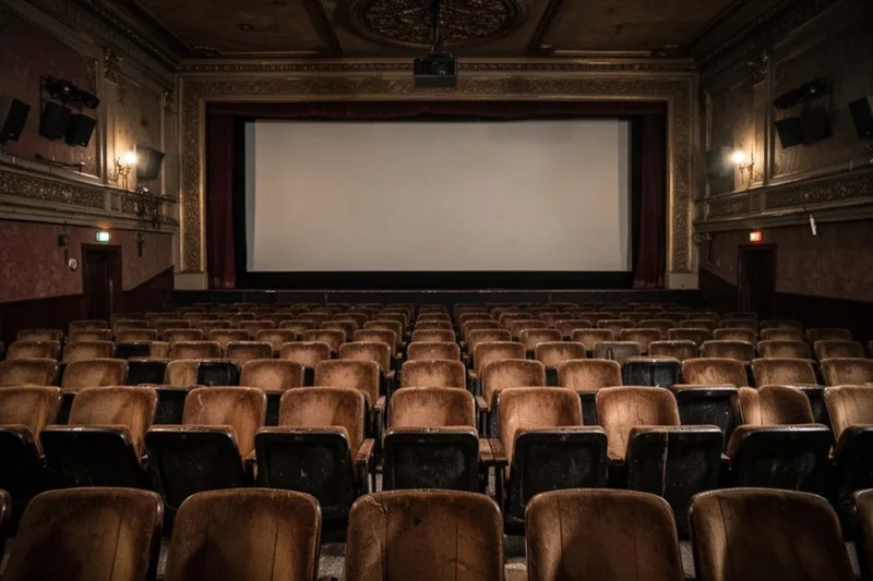 Empty movie theater marquee at night without lights
