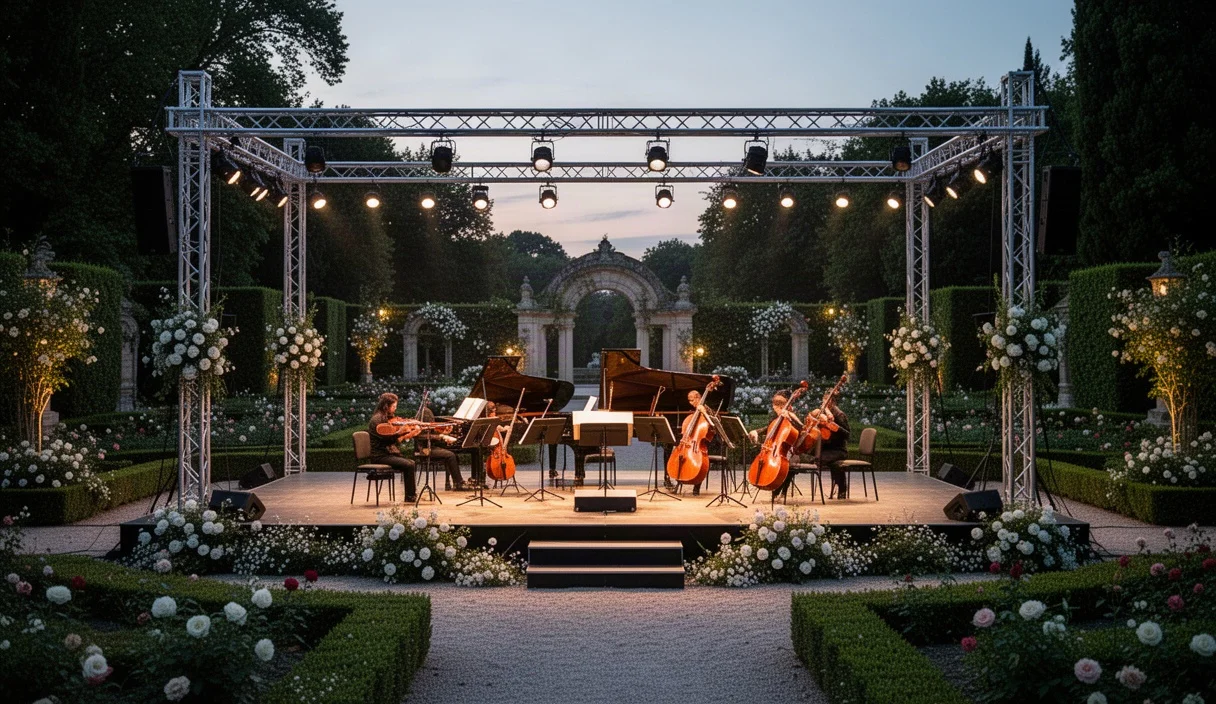 Escenario elegante preparado para un concierto clásico al aire libre