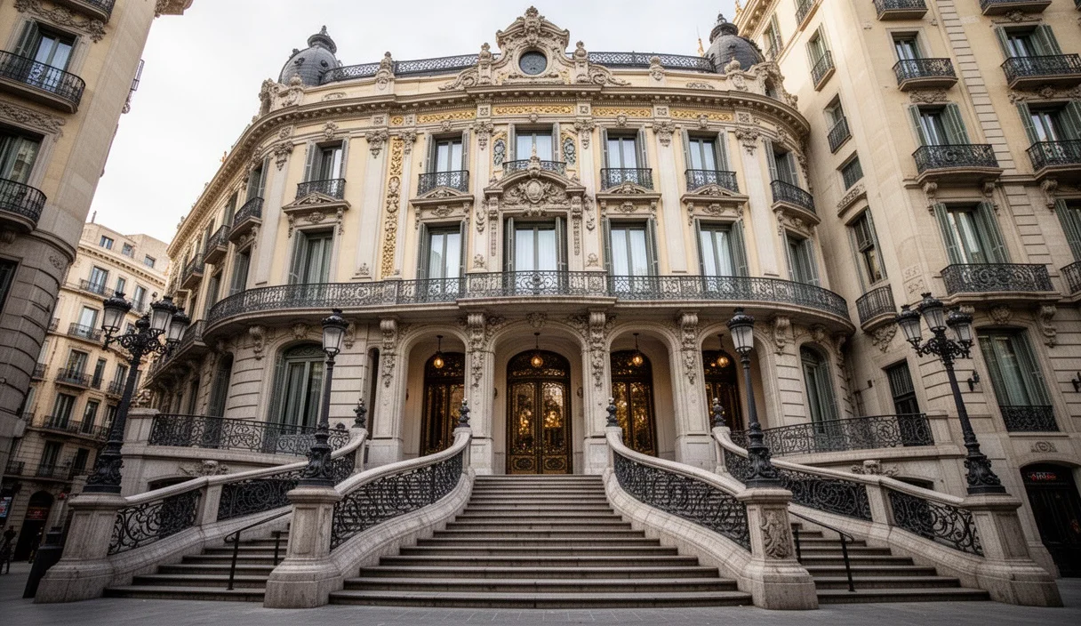 Historic facade of Cuatro Naciones hotel on La Rambla