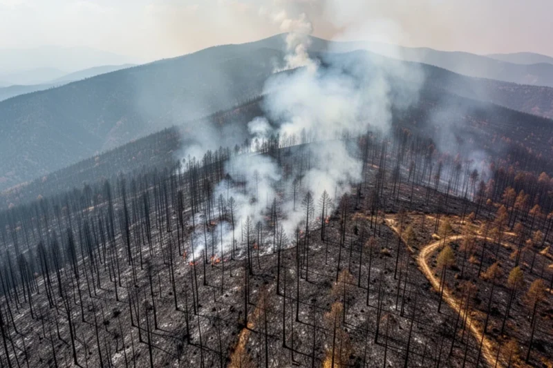 Vista aérea del incendio forestal en Vilaller con humo y árboles quemados