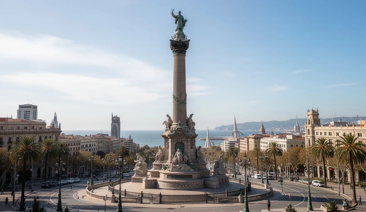 Vista del Monumento a Cristóbal Colón en Barcelona rodeado por espacios urbanos
