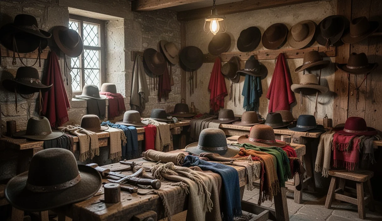 Interior of a medieval hat workshop displaying handcrafted hats and period costumes
