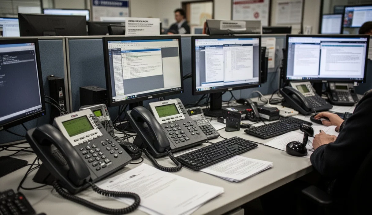 An empty emergency call center showcasing equipment used for handling urgent situations.