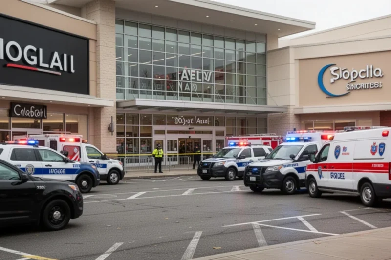 Exterior del centro comercial Barnasud con presencia policial tras una alerta