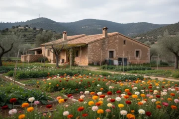Vista del jardín con flores cultivadas localmente alrededor de una masía aislada