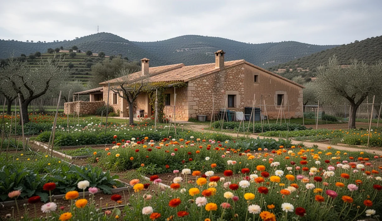A scenic view of a rural masía with vibrant seasonal flowers blooming around it.