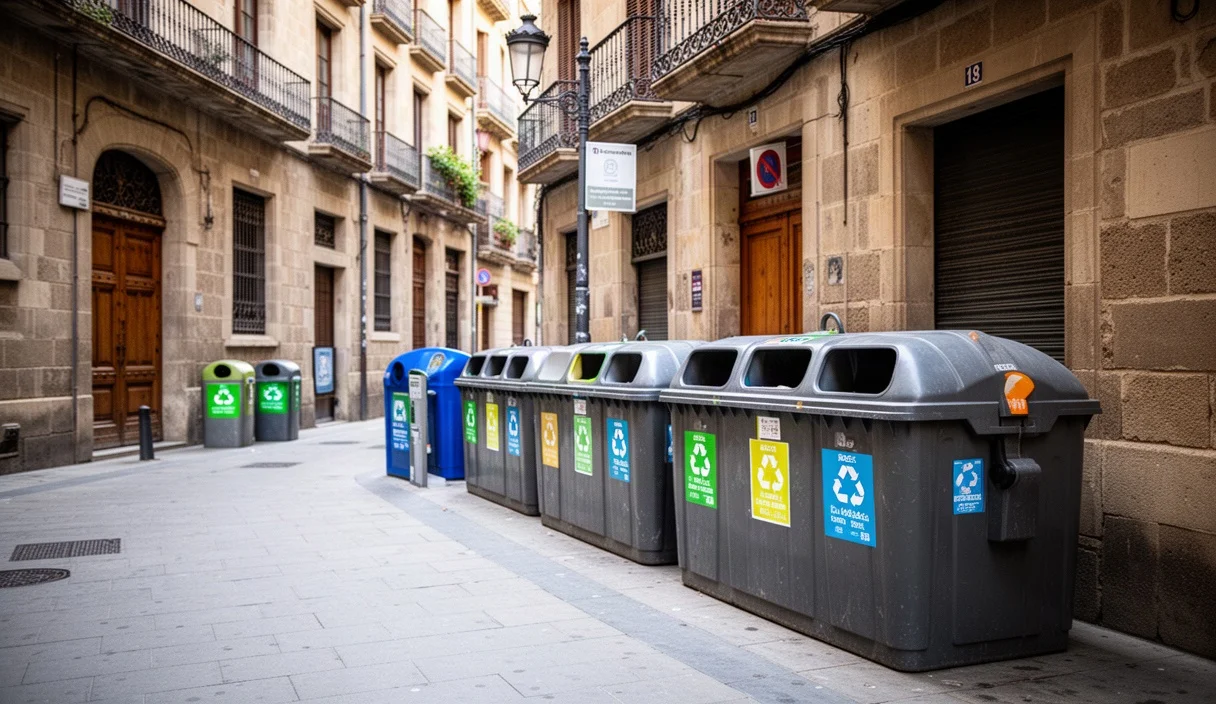 Public trash bins on a busy street in Girona