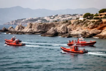 A small recreational boat adrift near rocky shores without any people