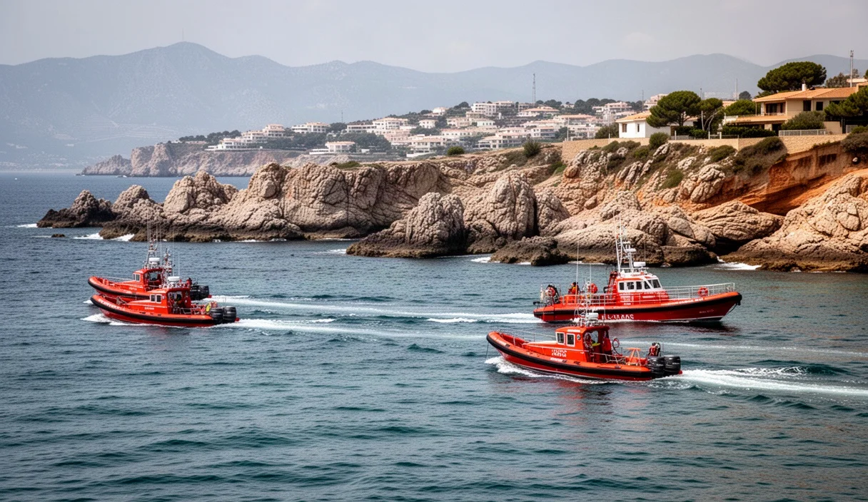 A small recreational boat adrift near rocky shores without any people