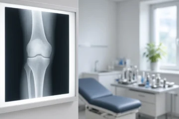 Radiografía de rodilla iluminada en consulta de traumatología