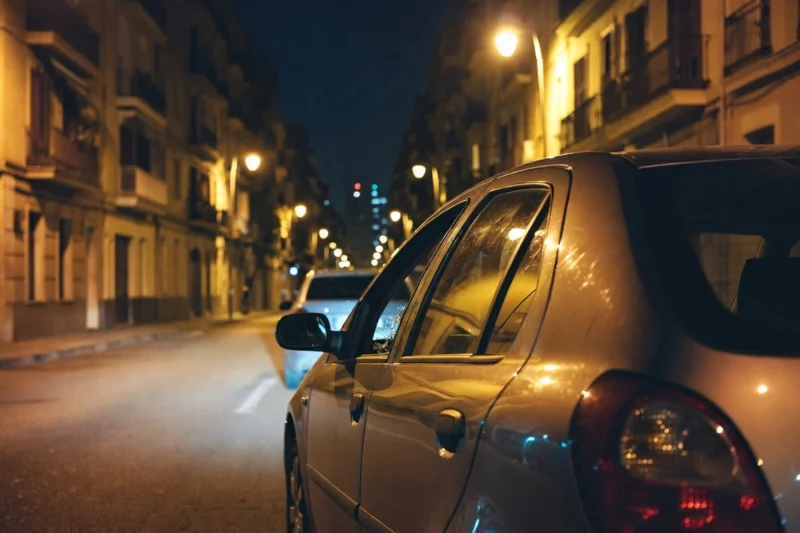 Coche aparcado en la calle de Barcelona con daños visibles por vandalismo.