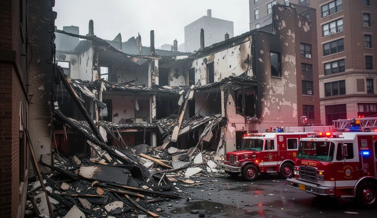 Fire-damaged building after an intense blaze with emergency vehicles present