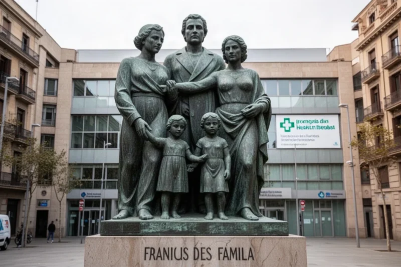 Escultura representativa del franquismo ubicada en un ambulatorio de Sant Andreu