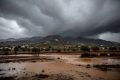 Storm clouds looming over rural Catalonian landscape before expected heavy rains